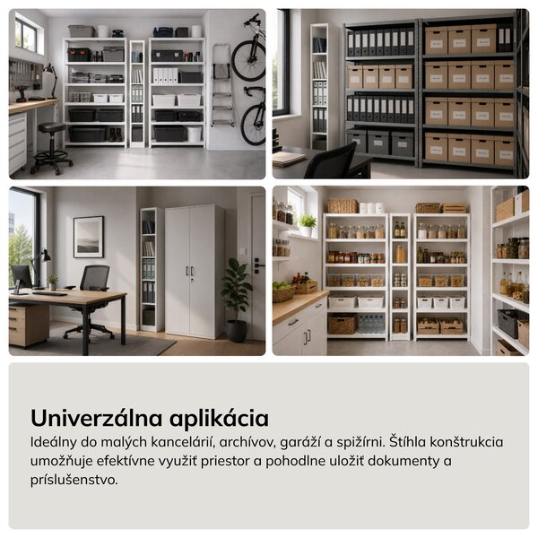 Úzky kovový archivačný regál na dokumenty biely, 250x1850x450 mm: TIM
