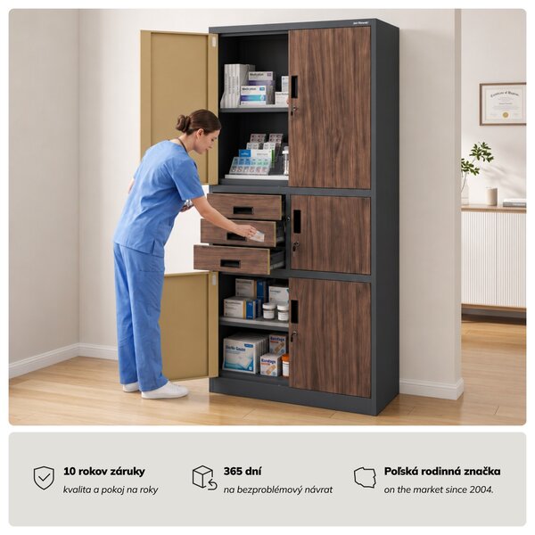 Kovová kancelárska skriňa so sejfom antracitová, orech, 900x1850x400 mm: FILIP II Eco Design