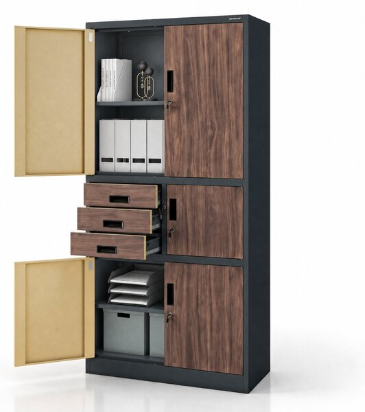Kovová kancelárska skriňa so sejfom antracitová, orech, 900x1850x400 mm: FILIP II Eco Design