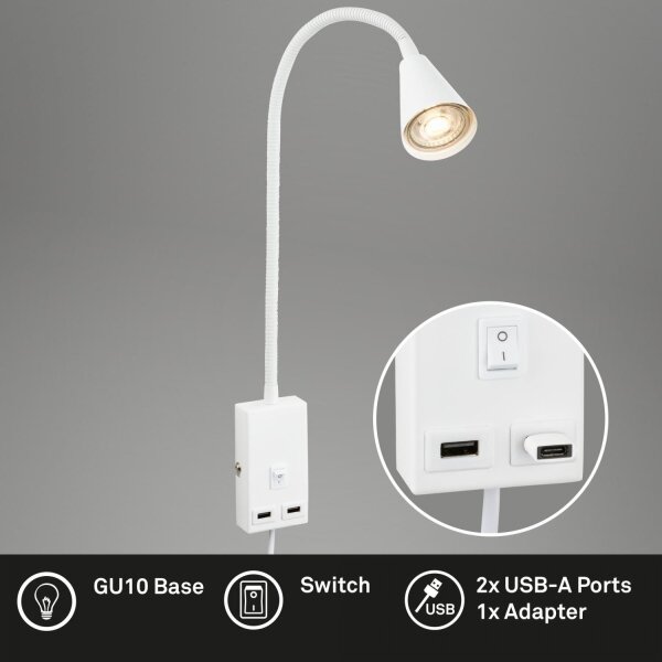 Briloner 2175-016 - Flexibilná nástenná lampa s USB portom 1xGU10/10W/230V biela