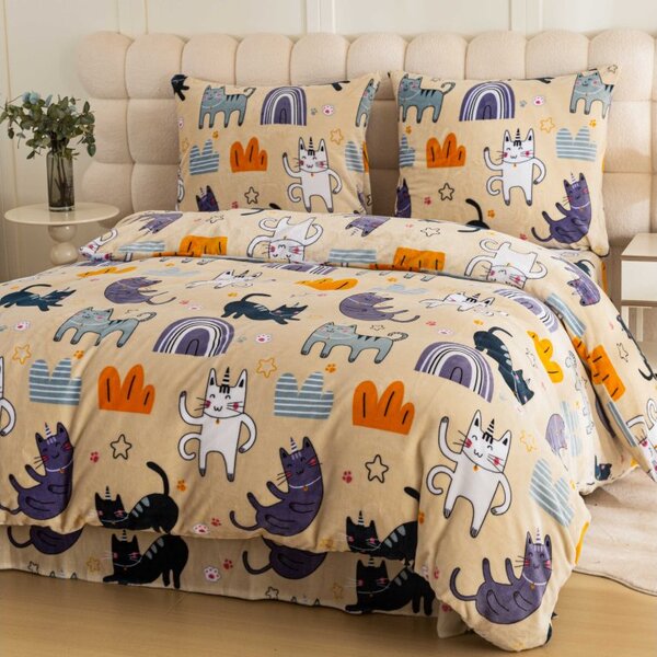 Sada mikroplyšových obliečok PURRSLEEP béžové + plachta mikroplyš SOFT 180x200 cm biela, dvojlôžko