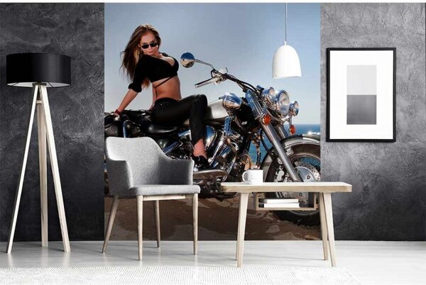 DIMEX | Vliesová fototapeta na stenu Dievča na motorke MS-3-0312 | 225 x 250 cm | modrá, béžová, čierna, metalická
