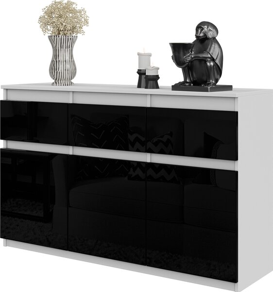 FURNICA - NOAH - Komoda s 3 zásuvkami a 3 dvierkami - biela matná / čierna lesklá V75cm Š120cm H35cm
