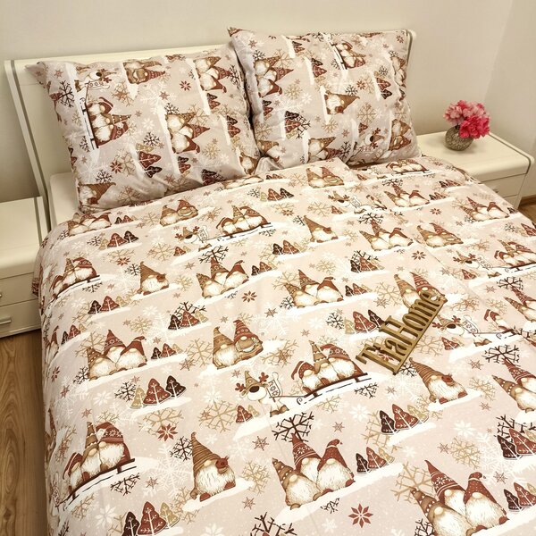 Obliečky bavlnené Vianočné škriatky hnedé TiaHome - 1x Vankúš 90x70cm, 1x Paplón 140x200cm