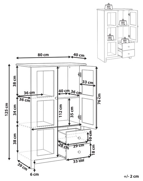 Vitrína biela MDF 80 cm sklenené dvierka skrinka 2 zásuvky úložný priestor rustikálny cottage štýl obývacia izba