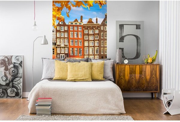 DIMEX | Vliesové fototapety na stenu Domy v Amsterdame MS-2-0024 | 150 x 250 cm | modrá, biela, oranžová, hnedá