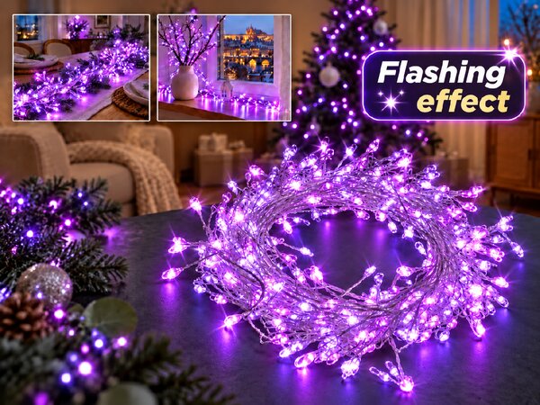 Vianočná LED mikro reťaz 10 m, 300 LED, fialová so zábleskami