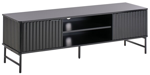 TV stolík čierny MDF 140 x 40 cm úložné police otvor na káble moderný úložný nábytok obývacia izba