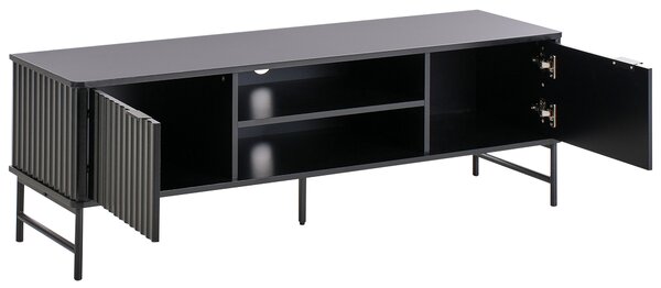 TV stolík čierny MDF 140 x 40 cm úložné police otvor na káble moderný úložný nábytok obývacia izba