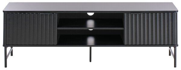 TV stolík čierny MDF 140 x 40 cm úložné police otvor na káble moderný úložný nábytok obývacia izba