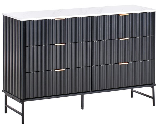 Komoda so 6 zásuvkami čierna MDF mramorový efekt minimalistický dizajn moderný úložný nábytok obývacia izba spálňa