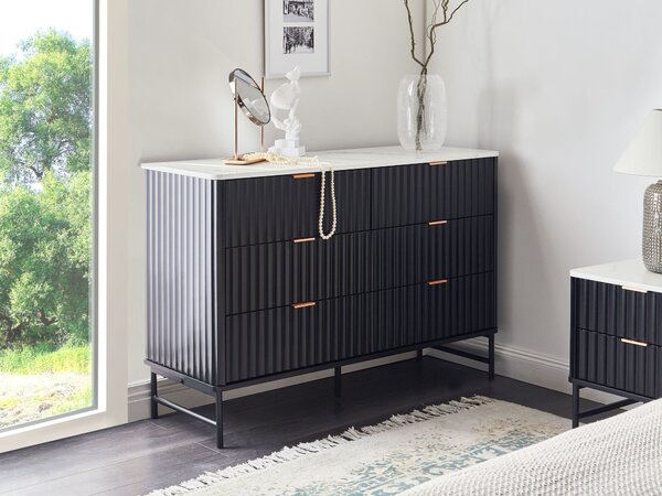 Komoda so 6 zásuvkami čierna MDF mramorový efekt minimalistický dizajn moderný úložný nábytok obývacia izba spálňa