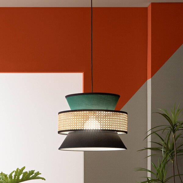 Luce Ambiente Design Svietidlo Gazebo, zelená/čierna/prírodná, Ø 40 cm, látka/rattan, Zelená, Obývacia izba / jedáleň, Textil / látka / hodváb, Závesné svietidlo