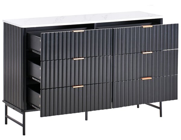 Komoda so 6 zásuvkami čierna MDF mramorový efekt minimalistický dizajn moderný úložný nábytok obývacia izba spálňa