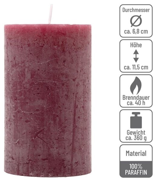 Bordó parafínová sviečka rustikálna 11,5 cm, 40 h, sada 6 ks