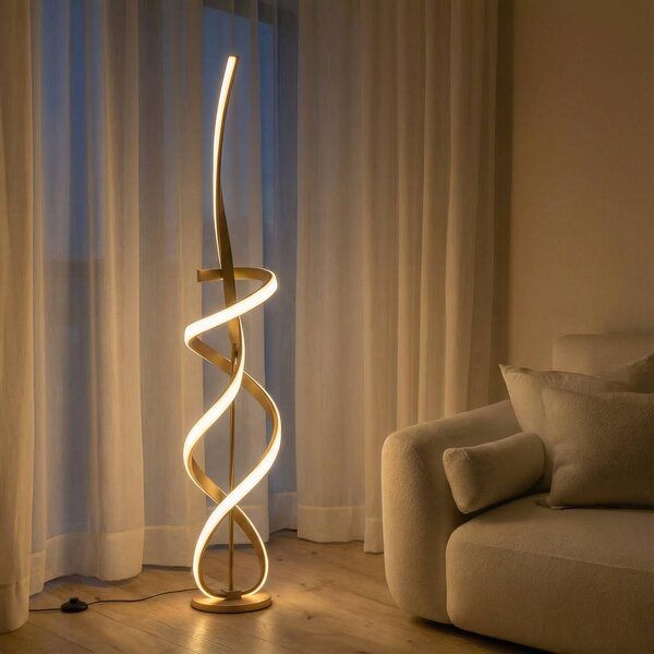 Stojacia lampa Kira LED, výška 140 cm, zlatá farba, kov, 4000K, Mosadz / zlato, Obývacia izba / jedáleň, Hliník, Moderný
