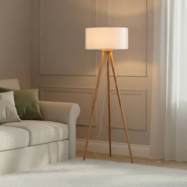 Stojacia lampa Lindby Charlia, biela, drevo, výška 150 cm, Biela / opálová, Obývacia izba / jedáleň, Textil / látka / hodváb, Škandinávsky, Stojaca lampa