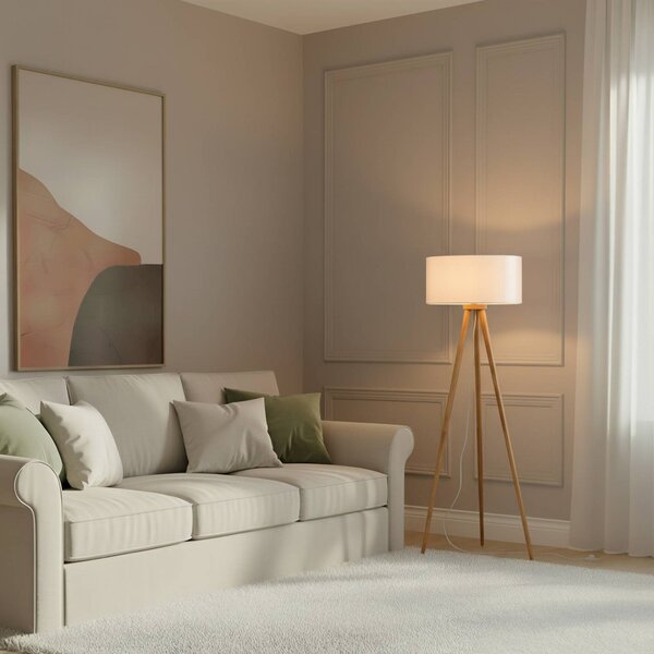Stojacia lampa Lindby Charlia, biela, drevo, výška 150 cm, Biela / opálová, Obývacia izba / jedáleň, Textil / látka / hodváb, Škandinávsky, Stojaca lampa