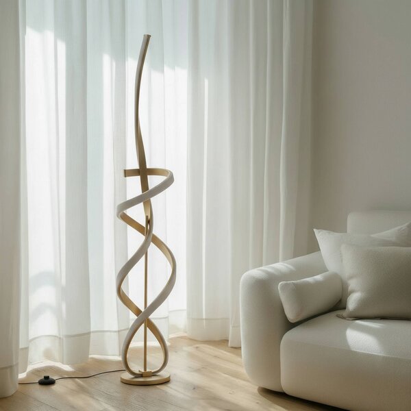 Stojacia lampa Kira LED, výška 140 cm, zlatá farba, kov, 4000K, Mosadz / zlato, Obývacia izba / jedáleň, Hliník, Moderný