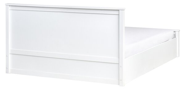 Posteľ biela borovicové drevo 160 x 200 cm s čelom lamelový rošt úložný priestor minimalistický škandinávsky štýl spálňa