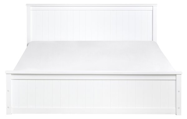 Posteľ biela borovicové drevo 160 x 200 cm s čelom lamelový rošt úložný priestor minimalistický škandinávsky štýl spálňa