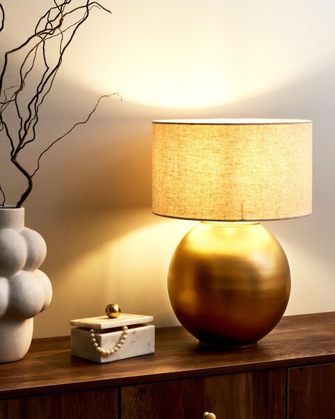 Stolná lampa mosadzná béžová tienidlo z bavlny a ľanu kovový železný podstavec 54 cm moderný štýl obývacia izba