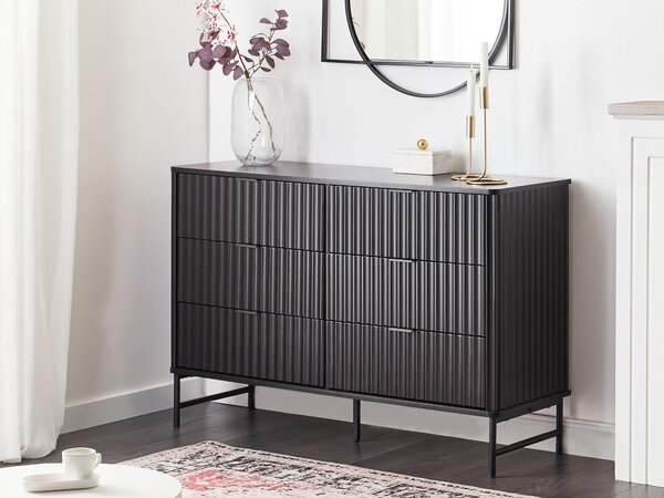 Komoda so 6 zásuvkami čierna MDF minimalistický dizajn moderný úložný nábytok obývacia izba spálňa