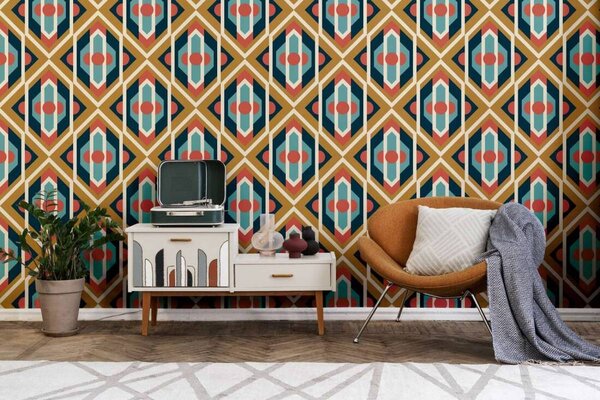 A.S. Création | Vliesová tapeta na stenu Retro Chic 39531-4 | 0,53 x 8,5 m | modrá, krémová, červená, okrová