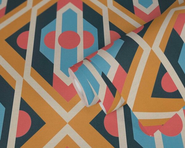 A.S. Création | Vliesová tapeta na stenu Retro Chic 39531-4 | 0,53 x 8,5 m | modrá, krémová, červená, okrová