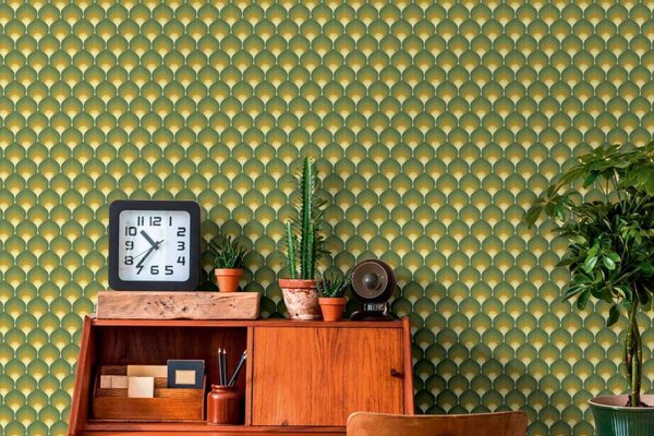 A.S. Création | Vliesová tapeta na stenu Retro Chic 39538-1 | 0,53 x 8,5 m | zelená, oranžová, žltá