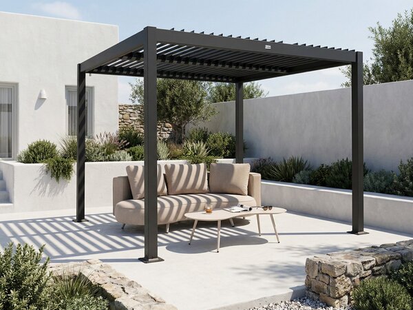 Pergola čierna kov hliníkový rám tienidlo 310 x 310 cm altánok moderný industriálny štýl záhrada