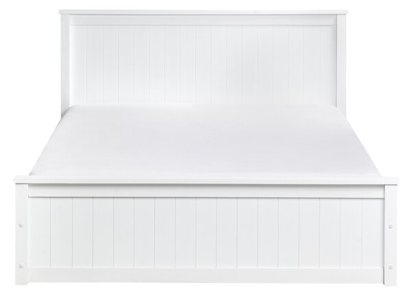 Posteľ biela borovicové drevo 140 x 200 cm s čelom lamelový rošt úložný priestor minimalistický škandinávsky štýl spálňa