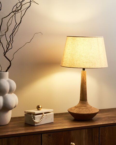 Stolná lampa tmavohnedá béžová tienidlo z bavlny a ľanu podstavec z mangového dreva 54 cm moderný štýl obývacia izba