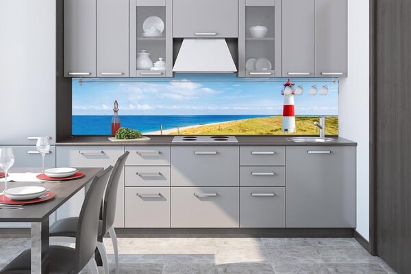 DIMEX | Fototapeta do kuchyne Maják na pláži KI-260-119 | 260 x 60 cm | zelená, modrá, červená