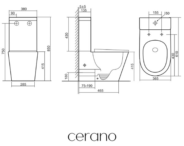 CERANO - WC kombi Carlito, Rimless + Slim/UF sedátko - spodný/zadný odpad - čierna matná - 61x36,5 cm