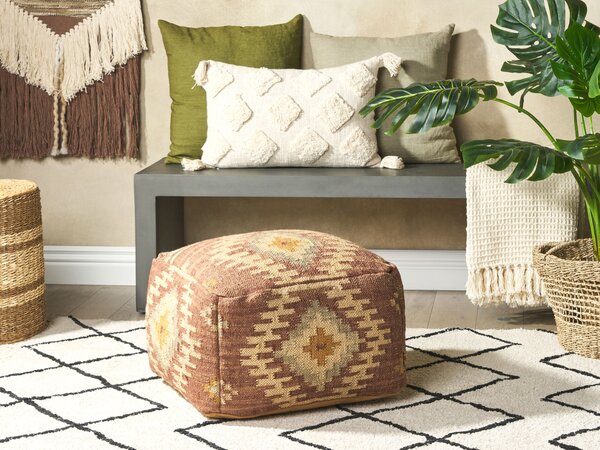 Puf taburetka viacfarebná z juty a bavlny 50 x 50 x 30 cm geometrický vzor ručne vyrobená boho štvorcová s výplňou