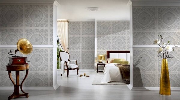 A.S. Création | Vliesová tapeta na stenu Versace 37055-5 | 0,70 x 10,05 m | metalická, biela, krémová