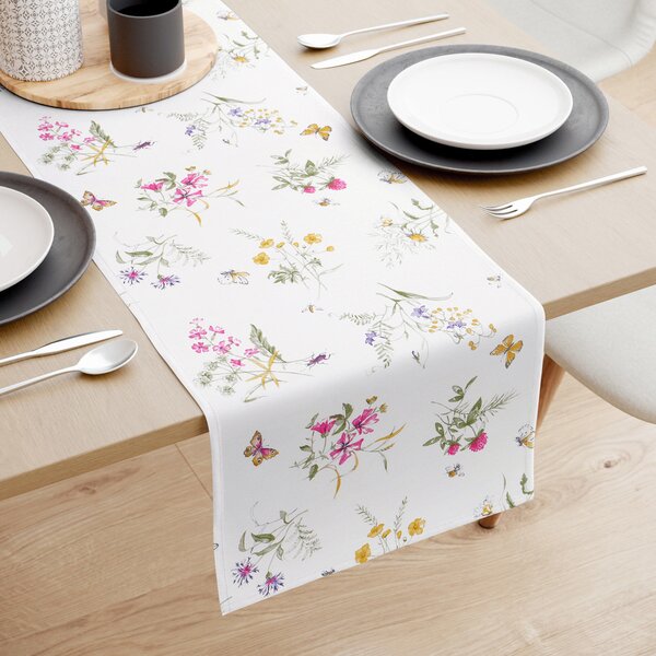 Goldea behúň na stôl 100% bavlnené plátno - farebné lúčne kvety na bielom 35x140 cm