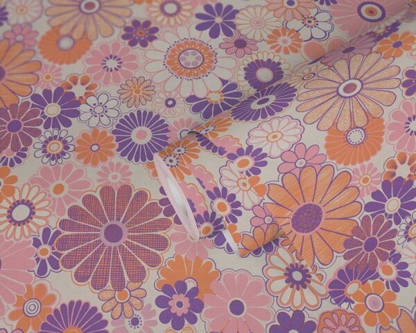 A.S. Création | Vliesová tapeta na stenu Retro Chic 39535-1 | 0,53 x 8,5 m | krémová, fialová, ružová, oranžová, viacfarebná