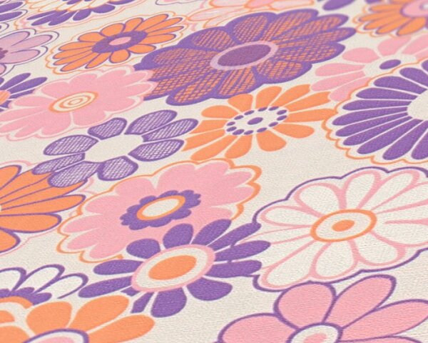 A.S. Création | Vliesová tapeta na stenu Retro Chic 39535-1 | 0,53 x 8,5 m | krémová, fialová, ružová, oranžová, viacfarebná