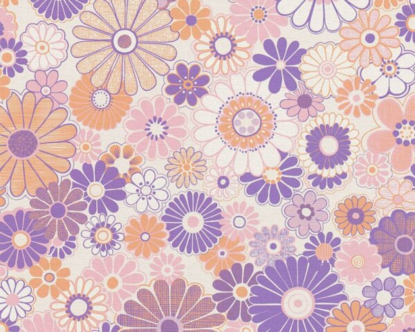 A.S. Création | Vliesová tapeta na stenu Retro Chic 39535-1 | 0,53 x 8,5 m | krémová, fialová, ružová, oranžová, viacfarebná