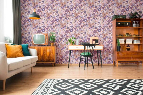 A.S. Création | Vliesová tapeta na stenu Retro Chic 39535-1 | 0,53 x 8,5 m | krémová, fialová, ružová, oranžová, viacfarebná