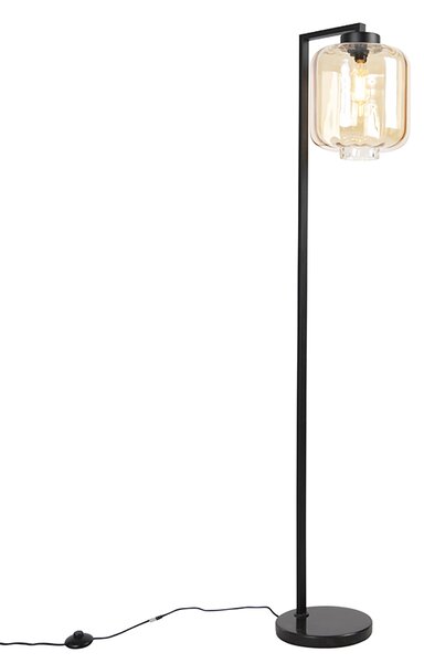 Dizajnová stojaca lampa čierna s jantárovým sklom - Qara Down