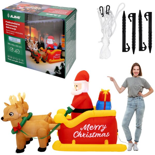Nafukovací Santa Claus na saniach so sobmi 212 cm
