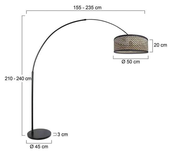Oblúková lampa Sparkled Light, čierna/opletenie čierno-drevené, Čierna, Obývacia izba / jedáleň, kov, Oblúková stojaca lampa