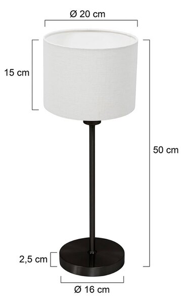 Stolová lampa Noor, čierna/biele plátno, výška 50 cm, E27, Čierna, Obývacia izba / jedáleň, kov, Stojacie svietidlo