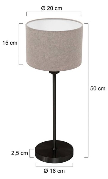 Stolová lampa Noor, čierna/bavlna v odtieni blata, výška 50 cm, E27, Čierna, Obývacia izba / jedáleň, kov, Stojacie svietidlo
