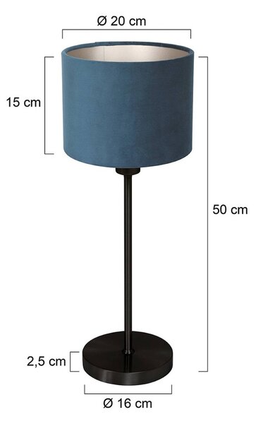 Stolová lampa Noor, čierna/modrý velúr, výška 50 cm, E27, Čierna, Obývacia izba / jedáleň, kov, Stojacie svietidlo