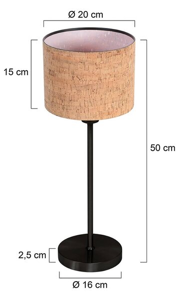 Stolová lampa Noor čierna/hnedý korok, výška 50 cm, E27, Čierna, Obývacia izba / jedáleň, kov, Stojacie svietidlo