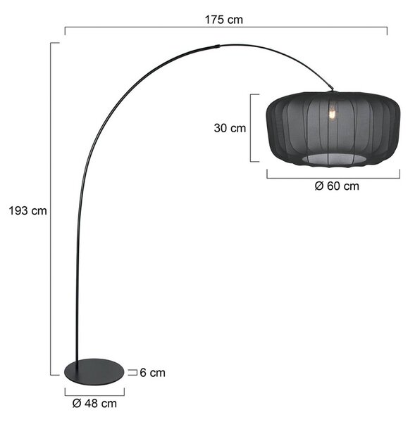 Anne Light Lukové svietidlo Curve, čierne, tienidlo na lampu z čierneho nylonu, Ø 60 cm, Čierna, Obývacia izba / jedáleň, kov, Moderný, Oblúková stojaca lampa